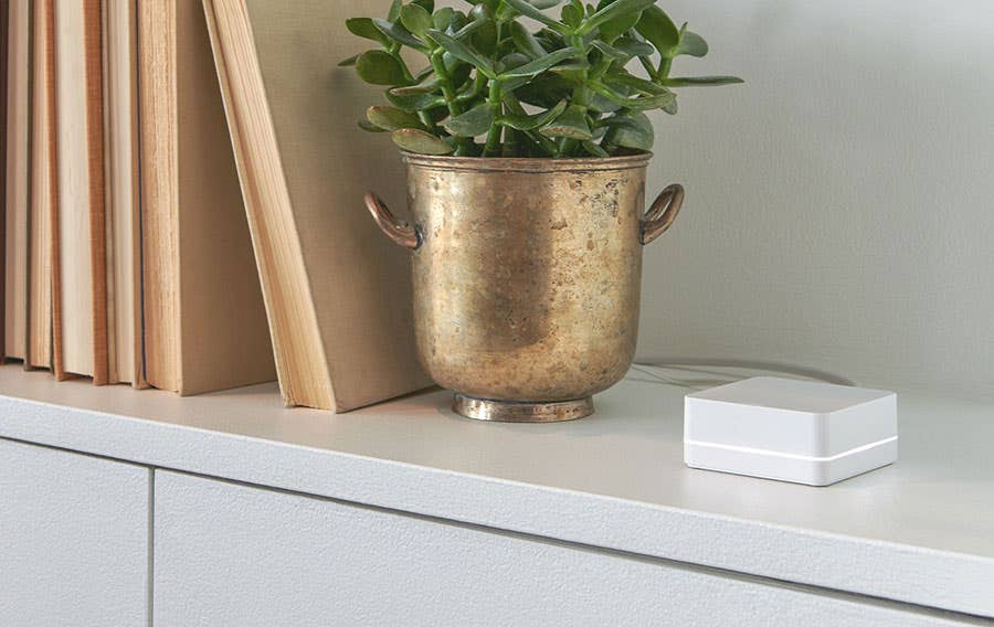 Lutron Smart Hub sitting on bookshelf next to decorative plant