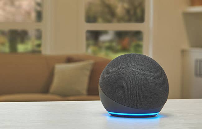 Voice Control Echo Dot sitting on counter in Living Room, Serena Shades in background